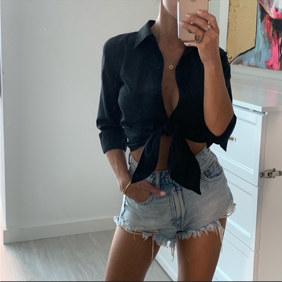 Armani Exchange Black Button Down & Tie Crop Top Shirt XS - Picture 2 of 8